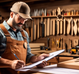 Professional carpenter checking a comprehensive checklist on a clipboard in a well-organized wood workshop, surrounded by wooden furniture and carpentry tools, with a graph in the background showing upward profit trends.