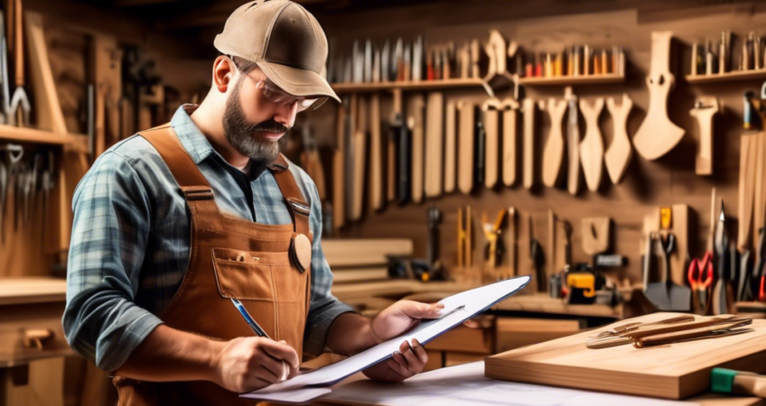 Professional carpenter checking a comprehensive checklist on a clipboard in a well-organized wood workshop, surrounded by wooden furniture and carpentry tools, with a graph in the background showing upward profit trends.