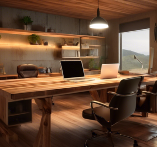 Criação digital de uma oficina de marcenaria iluminada e aconchegante, com planos de orçamento abertos sobre uma mesa de trabalho rústica, cercada por ferramentas de madeira e projetos inacabados.