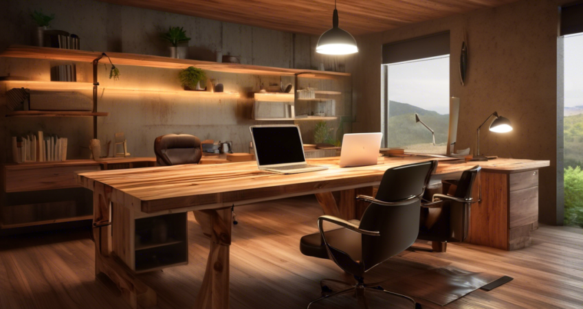 Criação digital de uma oficina de marcenaria iluminada e aconchegante, com planos de orçamento abertos sobre uma mesa de trabalho rústica, cercada por ferramentas de madeira e projetos inacabados.