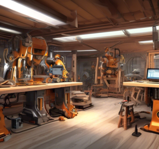DALL-E prompt: Illustrate a futuristic woodworking workshop filled with advanced machinery, robots assisting carpenters, and computer screens displaying 3D modeling software, representing the concept of 'Marcenaria 4.0'.