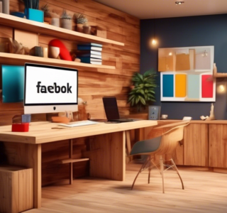 Criação artística de uma oficina de marcenaria animada e colorida, com ícones de mídias sociais como Facebook, Instagram e YouTube flutuando ao redor, simbolizando a divulgação online.