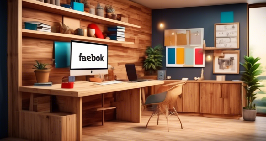 Criação artística de uma oficina de marcenaria animada e colorida, com ícones de mídias sociais como Facebook, Instagram e YouTube flutuando ao redor, simbolizando a divulgação online.