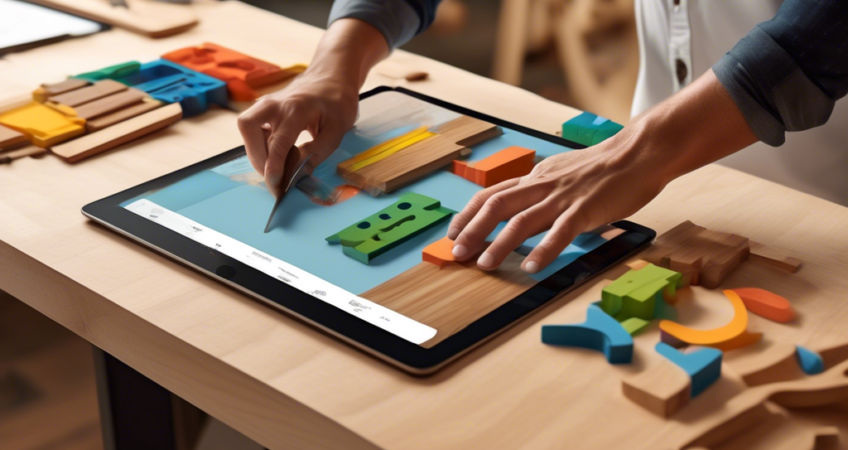 An animated illustration showing a person using a tablet to visualize and adjust their custom cutting plan on the Cortecloud software interface, with colorful 3D models of wood pieces and a digitally