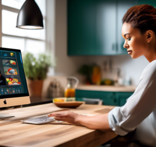 An interior designer focusing intently on their computer screen, showcasing a vibrant and sophisticated 3D kitchen model using Promob Plus Professional, with tips and tricks floating around the worksp