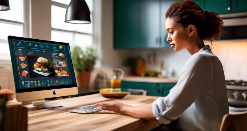 An interior designer focusing intently on their computer screen, showcasing a vibrant and sophisticated 3D kitchen model using Promob Plus Professional, with tips and tricks floating around the worksp
