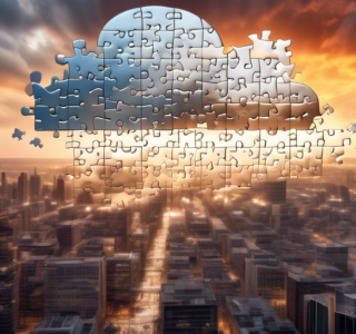 An artistic representation of a digital cloud cut into puzzle pieces, each piece symbolizing different data technologies, floating above a modern cityscape at sunset.