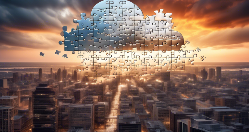 An artistic representation of a digital cloud cut into puzzle pieces, each piece symbolizing different data technologies, floating above a modern cityscape at sunset.