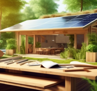 An eco-friendly architectural blueprint unfurling on a wooden table with various green building materials like bamboo, recycled bricks, and solar panels, set in a sunny, outdoor workspace surrounded b