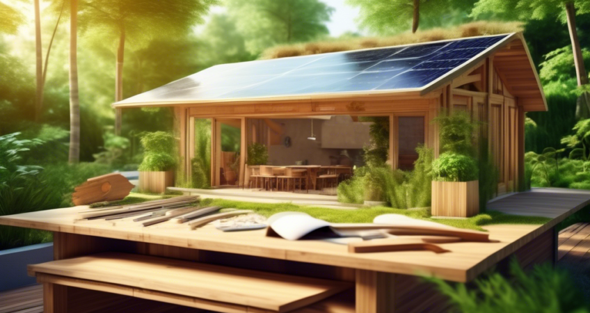 An eco-friendly architectural blueprint unfurling on a wooden table with various green building materials like bamboo, recycled bricks, and solar panels, set in a sunny, outdoor workspace surrounded b