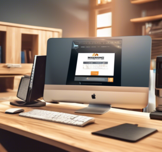 Ilustração de um empresário feliz analisando gráficos positivos em uma tela de computador com o logo do Promob Manager ao fundo, em um escritório moderno.