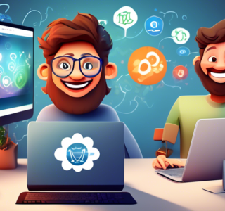 Uma imagem ilustrativa mostrando um usuário feliz aprendendo novas dicas e truques em seu computador com os logos do Promob Connect e da Evolução ao fundo, em um ambiente de escritório moderno e tecno
