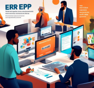 An eye-catching digital poster showcasing diverse business professionals engaging with the Promob ERP system on various devices in a modern office environment, highlighting key features and benefits w