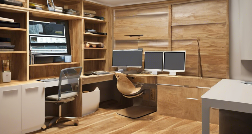 Criativo e organizado escritório de design de interiores utilizando o software Promob para padronizar a descrição de materiais, destacando com clareza uma tela de computador mostrando a interface do u