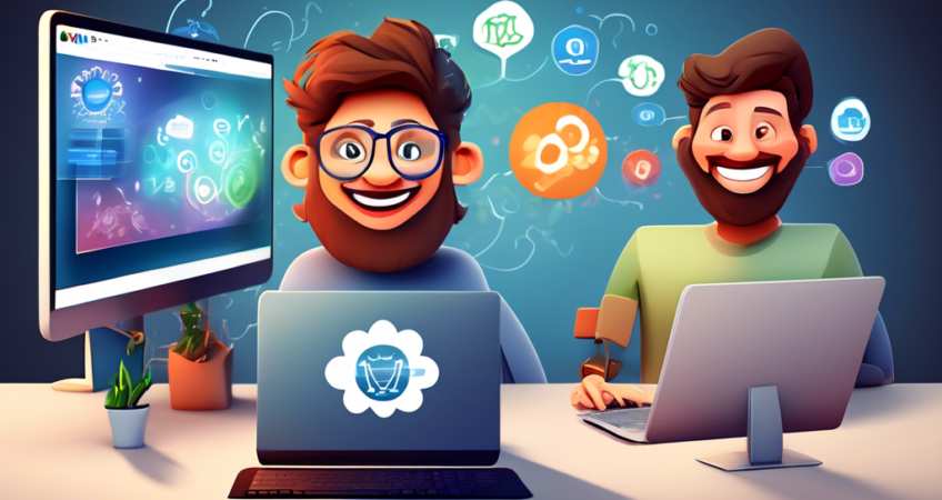 Uma imagem ilustrativa mostrando um usuário feliz aprendendo novas dicas e truques em seu computador com os logos do Promob Connect e da Evolução ao fundo, em um ambiente de escritório moderno e tecno